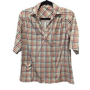 Short Sleeve Blouse Multicolor‎ Plaid Grid Womens V Neck Collared Pullover L
